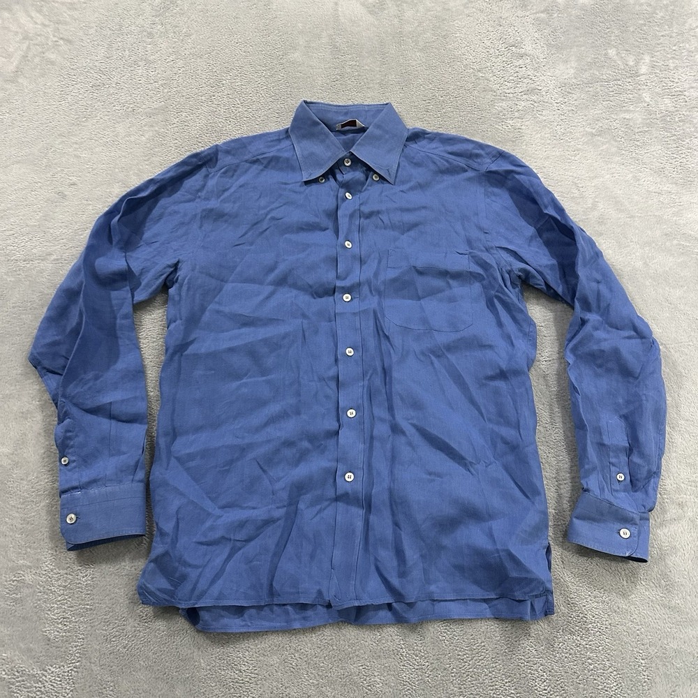 Gran Sasso Italy Made Pure Linen Button Shirt Men L Blue Preppy Vintage Beach